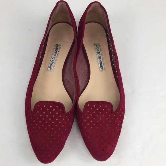Manolo Blahnik Shoes - Manolo Blahnik Red Suede perforated flat loafers 8